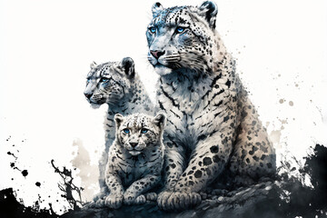 Ink painting of a snow leopard family, Generative AI	