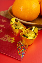 Happy Chinese New Year with Mandarin Oranges, Chinese Sentences respectively means 