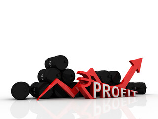 
3d illustration Oil price, Oil Industry concept with Barrel and indian ruppe near graph
