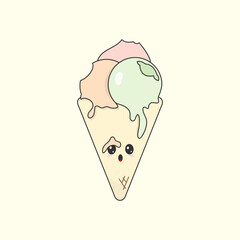 Bitten ice-cream cone surprised with open mouth. Kawaii food emoji sticker