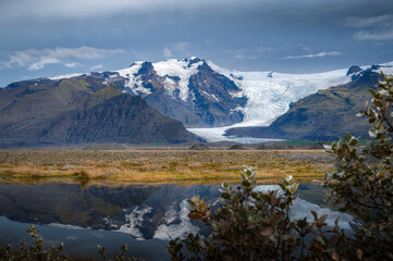 Vatnajokull Icelandic's volcanic landscape and it's glaciers in the distance. With the reflection...