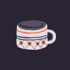 Ceramic cup, hand-made painted ceramics with enamel. Mug, handmade teacup, pottery, edgy crockery with pattern in rustic country style. Colored flat vector illustration isolated on white background