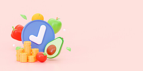 The concept of delivering or buying vegetarian products in an online store. A stack of coins with a confirmed checkmark with vegetables and fruits. Creative design for websites.