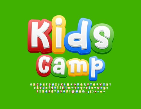 Vector funny Emblem Kids Camp. Cute colorful Font. Bright Childish set of Alphabet Letters and Numbers
