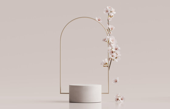 3D Background, Pink Podium Display. Sakura Pink Flower Tree Branch With Frame. Cosmetic Or Beauty Product Promotion Step Floral Pedestal. Abstract Minimal Advertise. 3D Render Copy Space Spring Mockup