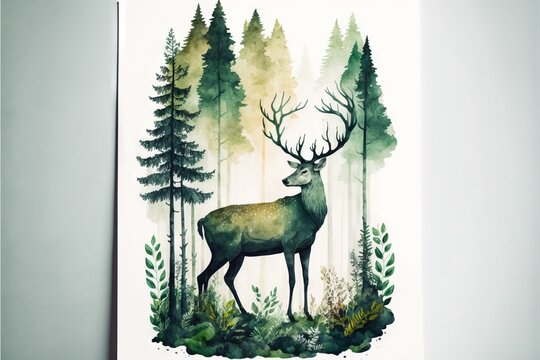a painting of a deer in a forest with pine trees and bushes on the side of the wall, with a white background and a white frame hanging on the wall with a white background.