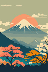 japanese mountain landscape background, mount fuji japan vector background - obrazy, fototapety, plakaty
