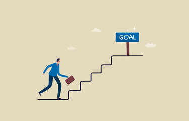 Ladder to the goal. Performance, Achievement, Growth, Career, Success. Businessman walking up the stairs to the goal. Illustration