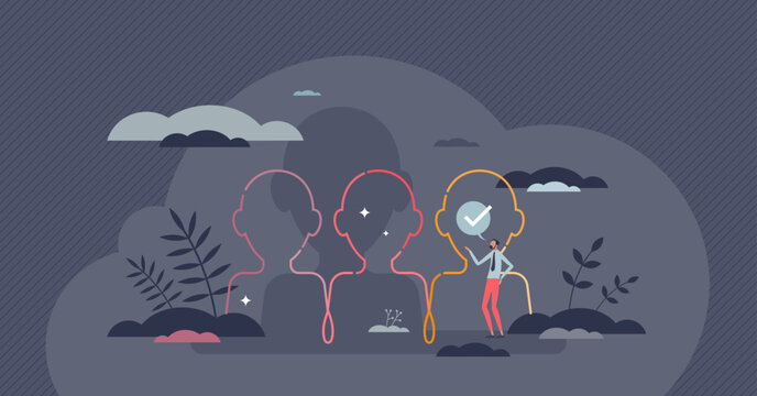 Inclusive equality for all society and community groups tiny person concept. Ethnic, cultural and race unity without racism, prejudice and discrimination vector illustration. Acceptance and solidarity