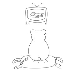 Vector illustration bear watching tv program. Superhero and coffee spilled include on the picture.