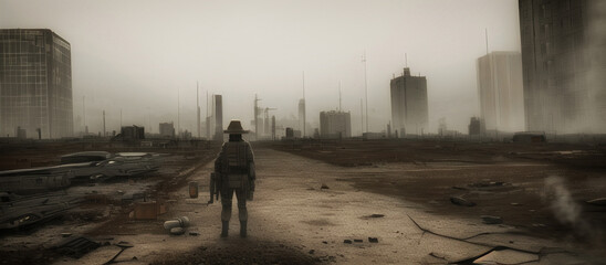 Illustration of a post apocalyptic ruined city. Destroyed buildings by nuclear attack, survivors visible in the shot
