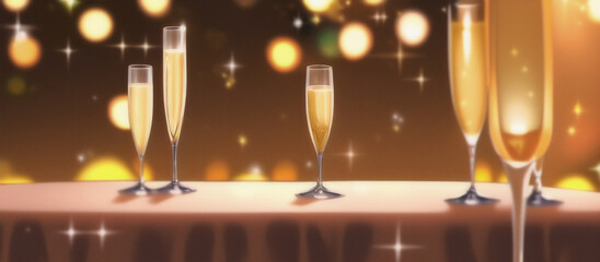 Illustration of several glasses of champagne on the table with bokeh lights in the background. Copy space