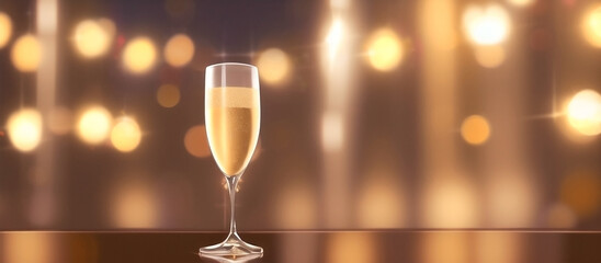 Illustration of single glass of champagne on the table with bokeh lights in the background. Copy space