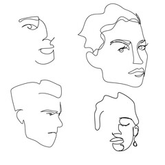 Abstract black one line drawing of women and men faces on white background.  Vector illustration.
