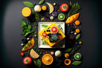 a plate of fruit and vegetables on a black surface with a green leafy border around the plate is a square shaped plate with a variety of fruits and vegetables on the plate is surrounded by.
