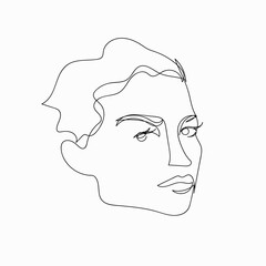 Abstract black one line drawing of woman face on white background.  Vector illustration.