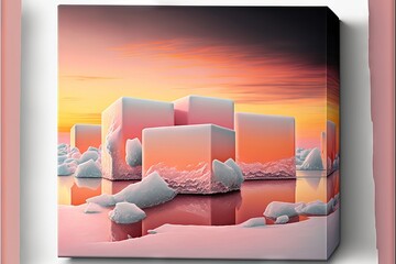 a painting of icebergs floating in a lake at sunset or sunrise with a pink sky and clouds in the background and a pink and orange hued sky with a few white clouds.
