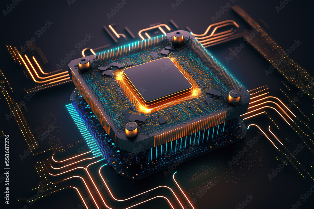 Aufkleber futuristic blue and orange neon microchip,data exchange and collection. quantum computer, large data