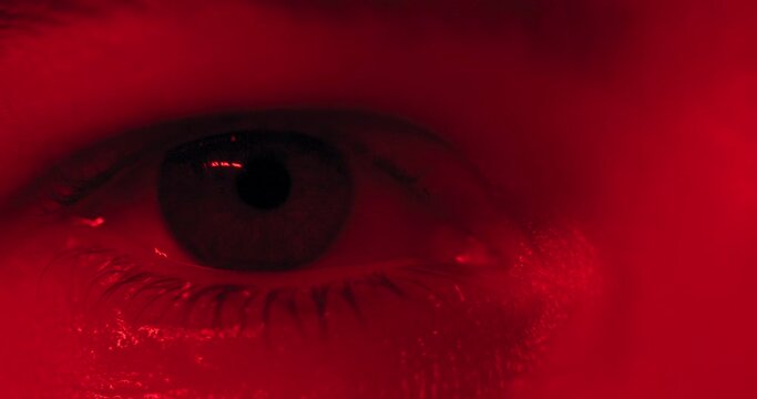 Macro Close-up On Eye Appearing And Disappearing With Red And Blue Strobe Light.