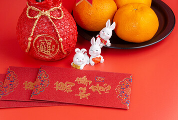 Chinese Year 2023. Rabbit decorations with Chinese Sentences respectively means 
