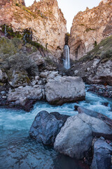 Elbrus. Sultan waterfall on the Kyzyl-Su river. bird's-eye.