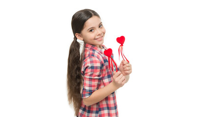There is only one happiness in life, to love and to be loved. Small girl holding hearts on sticks. Cute girl with red hearts. Child hold heart love symbol. Happy valentines day. Family love concept