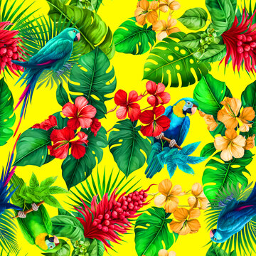 Seamless pattern parrot, watercolor painting tropical illustration, tropical leaves.
