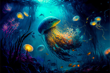 Fototapeta na wymiar a blue and orange jellyfish - Generative AI