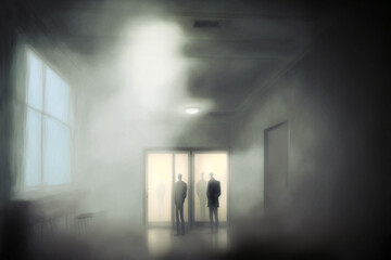 Obraz premium A few dark clad figures meeting secretively in an old fashioned and very misty room. Standing in doorway. Art created with generative ai