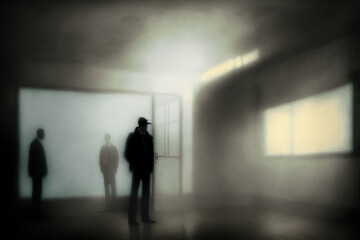 Obraz premium A few dark clad figures meeting secretively in an old fashioned and very misty room. Art created with generative ai