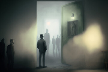 Fototapeta premium A few dark clad figures meeting secretively in an old fashioned and very misty room, looking at others in another room. Art created with generative ai