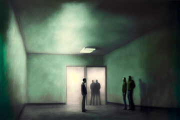 A few dark clad figures meeting secretively in an old fashioned and very misty room. Art created with generative ai