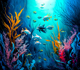 Fototapeta na wymiar a school of fish swimming in the ocean - Generative AI