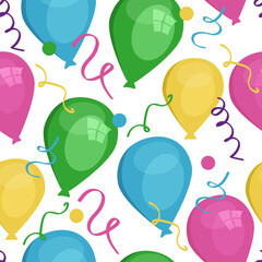 Seamless  pattern. Balloons of different colors and sizes, and confetti. Vector graphic.  © Anastasiia Diubua