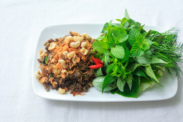 Thai food, Spicy minced pork salad (Larb Moo) with vegetables, Top view