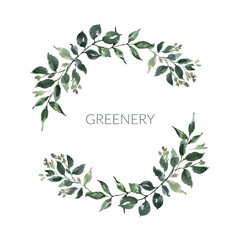 Circle greenery wreath, watercolor floral illustration. Hand-painted green leaf, forest foliage frame. Botanical painting.