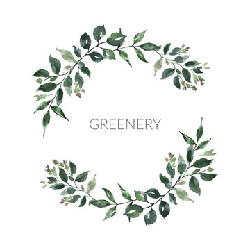 Circle greenery wreath, watercolor floral illustration. Hand-painted green leaf, forest foliage frame. Botanical painting. © Anna Nekotangerine