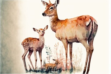 a painting of two deer and a baby deer in a grassy area with trees and grass in the background, with a white background with a light brown border and white border, with a white border.