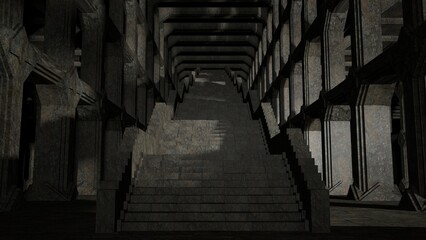 Naklejka premium eine steinerne Treppe führt hoch hinauf in eine alte Halle