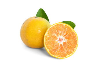 Fresh organic tangerine (shogun) orange fruit with green leaves. orange cut in half. Isolated on white background.