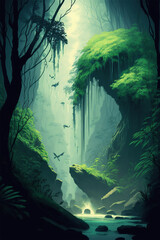 A verdant rainforest with towering trees and a misty canopy, a sparkling waterfall cascading down the rocks. Generative Ai illustration in vector style.