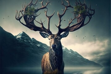 a deer with antlers standing in a body of water with mountains in the background and birds flying around it in the sky above the water is a lake with a bird flying in the foreground.