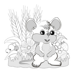 Cute happy little mouse for coloring book page. Berries, wheat ears, flowers, strawberries. Vector illustration.