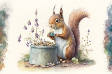a painting of a squirrel eating from a bowl of nuts and a cup of coffee on a table next to a flower pot with purple flowers on it and a white background with a blue border.