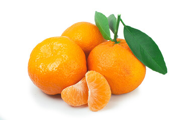 Tangerine fruit with green leaf and slices isolated on white background high quality details