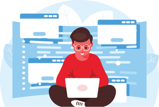 Software development concept. Programming languages. Programmer sitting in lotus pose with laptop and working. Coding experience and software development. Vector graphics
