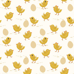 Seamless pattern with cute yellow chickens. Easter stock pattern.