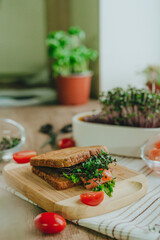 Sandwich with whole wheat bread, salmon fish, radish sprouts microgreen