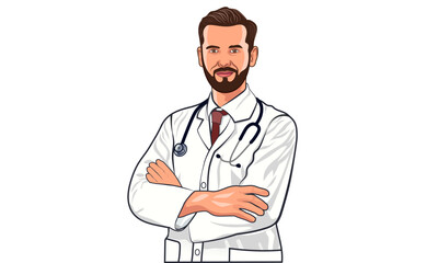 Fototapeta premium Professional medical male doctor with crossed hands. handsome man physician health care assistant with folded arms and wearing stethoscope, white coat and tie. cool specialist clinician flat vector