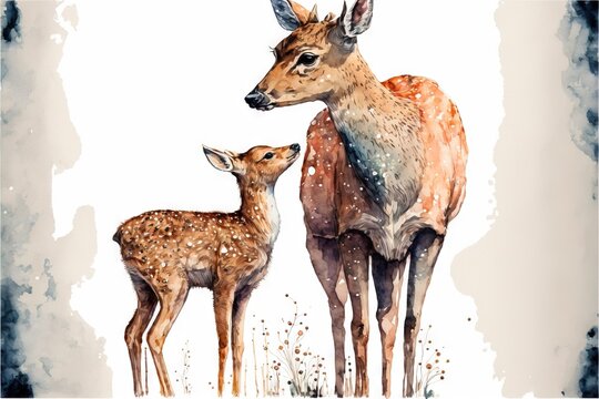 a watercolor painting of a mother deer and her baby deer standing in a field of grass and grass with snow on the ground and behind it, with a white background with a blue border.